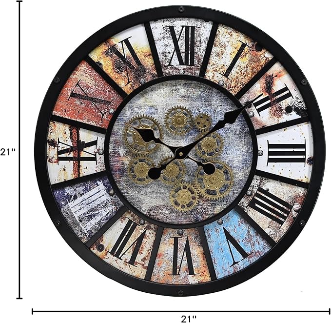 Unique Moving Gear Extra Large Wall Clock 21"-Battery Powered. Retro Industrial Steampunk Country Farmhouse Decor for Living Room, Kitchen,Bars, Restaurants, cafes, Offices(Black- 21")-Ruum Studio Home