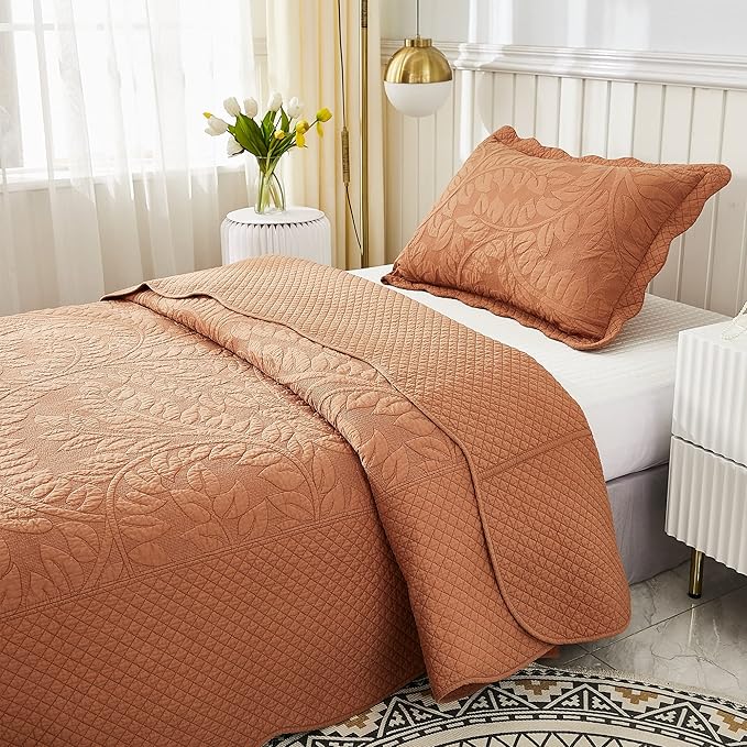 MarCielo 3-Piece 100% Cotton Oversized Bedspread Lightweight Quilt Coverlet Embroidery Farmhouse Bedding Set T0 (Royal Orange, Twin (68"x86"))-Ruum Studio Home