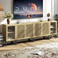 Farmhouse TV Stand for TVs up to 100 Inch, Entertainment Center TV Console with Storage Cabinets and Glass Doors,Media Console for Living Room,Oak-Ruum Studio Home