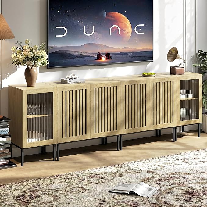 Farmhouse TV Stand for TVs up to 100 Inch, Entertainment Center TV Console with Storage Cabinets and Glass Doors,Media Console for Living Room,Oak-Ruum Studio Home