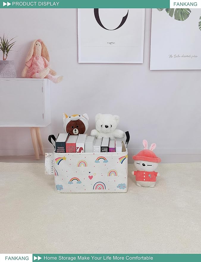 FANKANG Storage Bins, Nursery Hamper Canvas Laundry Basket Foldable with Waterproof PE Coating Large Storage Baskets for Kids Boys and Girls, Office, Bedroom, Clothes,Toys(Rec-Love Rainbow-Ruum Studio Home