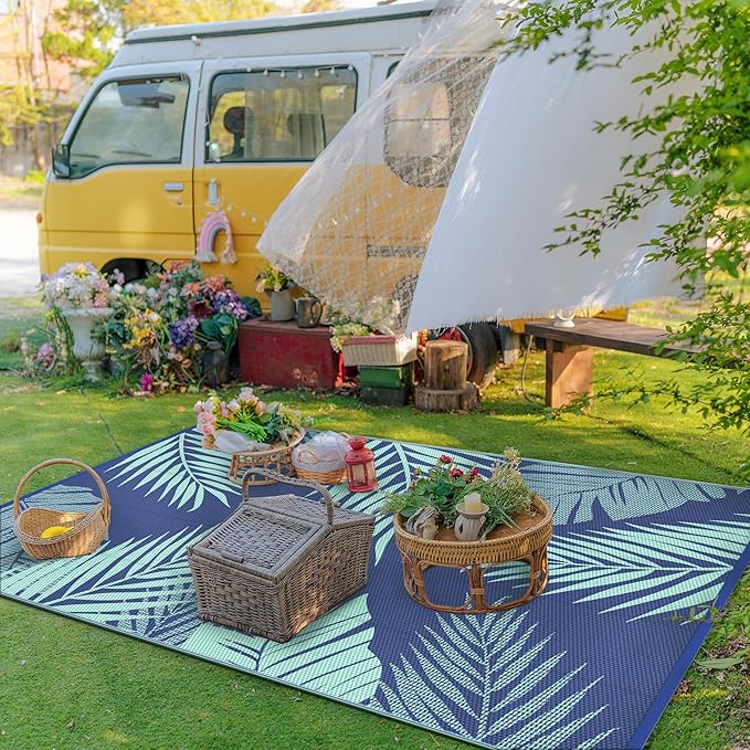 GENIMO Outdoor Rug 5' x 8' Waterproof for Patios Clearance, Reversible Outdoor Plastic Straw Camping Rug Carpet, Large Area Rugs Mats for RV, Camper, Deck, Balcony, Porch, Beach, Royal Blue&Blue Green-Ruum Studio Home