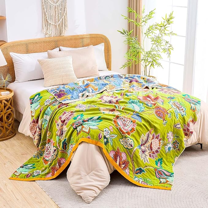 Fall Throw Blanket, 100% Cotton Soft Rustic Boho Throw Blanket for Bed, 50"x60" Farmhouse Decor Bed Flower Blankets, Light Weight Reversible Bohemian Throw Quilt-Ruum Studio Home