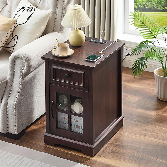 Farmhouse XXL End Table with Charging Station, Side Table with USB Ports and Outlets, Nightstand with Drawer and Glass Door Storage, Cherry Bedside Tables for Living Room, Bedroom, Office-Ruum Studio Home