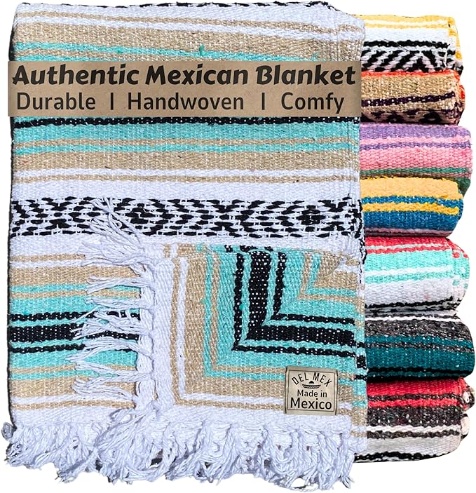 Del Mex Classic Mexican Blanket, Large Authentic Woven Falsa Throw (70"x50"), Artisan Southwest Décor for Beach, Yoga, Outdoors (Mint/Tan)-Ruum Studio Home