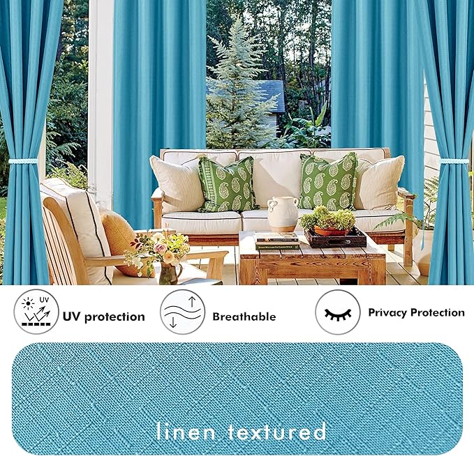 HolidayIdeas 4 Panels Faux Linen Outdoor Curtains for Patio Waterproof Teal Curtains 110" Wide x 84" Long-Outside Wide Curtains Weatherproof Privacy Textured for Pergola, Porch, Gazebo, Backyard-Ruum Studio Home