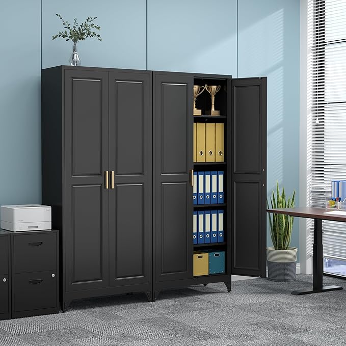 75" Kitchen Pantry Cabinet, Black Metal Storage Cabinets with 2 Doors and 4 Adjustable Shelves, Tall Pantry Storage Cabinet for Kitchen, Dining Room, Living Room-Ruum Studio Home