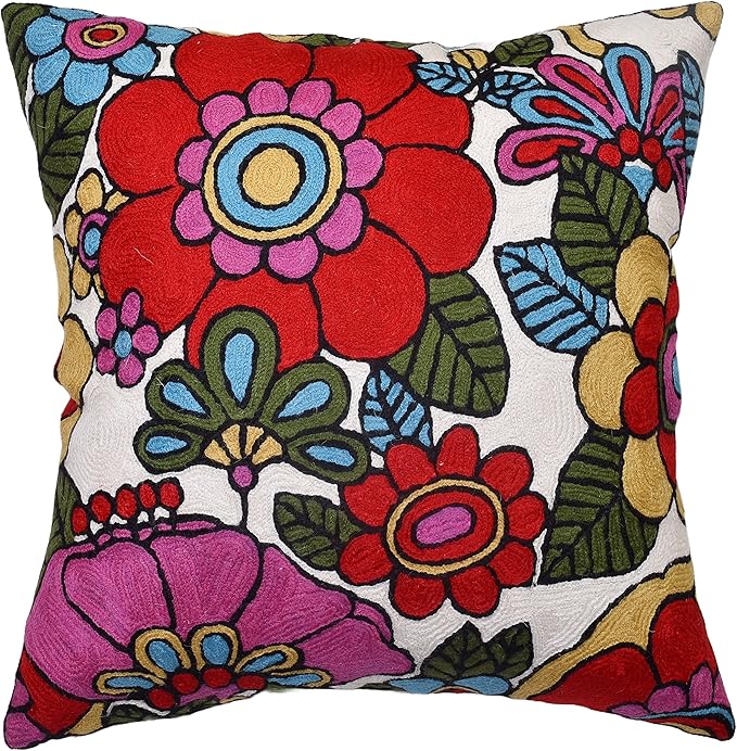 Floral Pillow Cover Handembroidered Wool 18x18 (Retro Floral Pillow Cover)-Ruum Studio Home