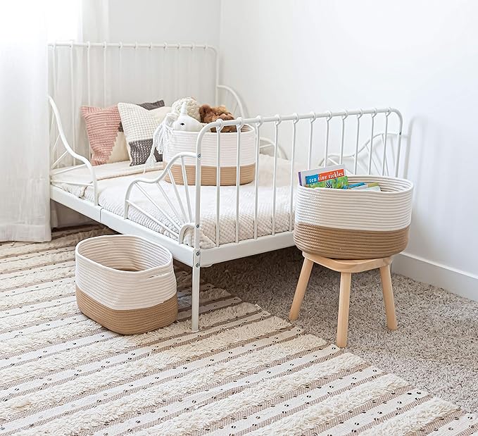 OrganiHaus Woven Storage Baskets for Organizing, Cotton Rope Organizer Bins for Shelves, Closet & Nursery, Dog Toy Basket, Decorative Bins for Toys, Towels & Books - 15x10x9, Honey/Off-White-Ruum Studio Home