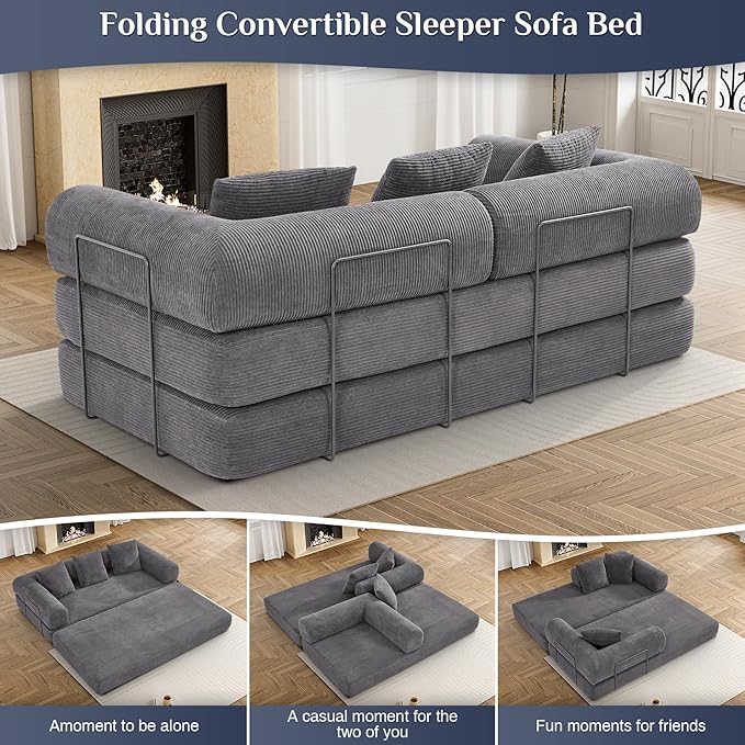 Convertible Sleeper Sofa Bed with Pillow, 4-in-1 Corduroy Folding Mattress Couch with Fixed-Shape Frame, Futon Fold Out Floor Sofa Cama Lounge Couch for Living Room Bedroom Studio, Grey-Ruum Studio Home