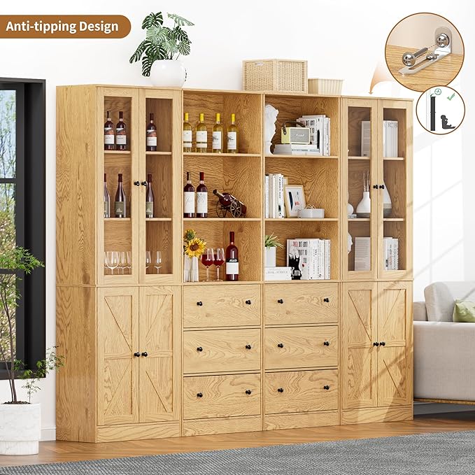 71" Tall Bookshelves Set of 4, 2 Bookcases with Drawers & 2 Bookshelves with Doors, Wooden Bookshelves Floor Standing Display Storage Shelves Home Decor Furniture for Home Office, Living Room-Ruum Studio Home