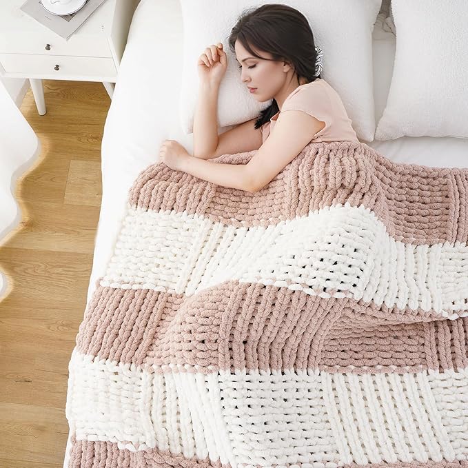 Battilo Chunky Knit Throw Blanket, Soft and Thick Chenille Throw Blanket, 50"x60" Handmade Cable Knit Crochet Blanket, Large Rope Knot Throw Blankets for Couch Sofa Bed Home Decor, Blush & White-Ruum Studio Home