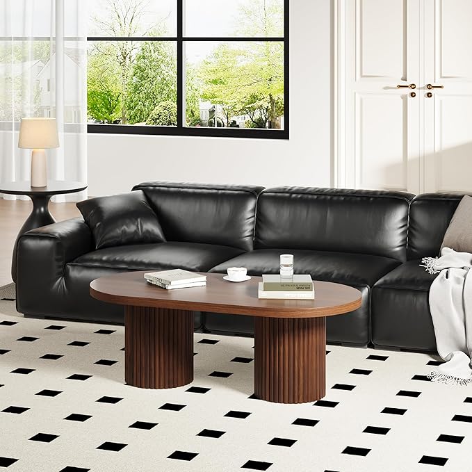 Oval Fluted Coffee Table, Farmhouse Wood Coffee Table Mid Century Modern Center Table Boho Living Room Tables for Living Room Office (Walnut, 19.69" D x 39.38" W x 13.78" H)-Ruum Studio Home