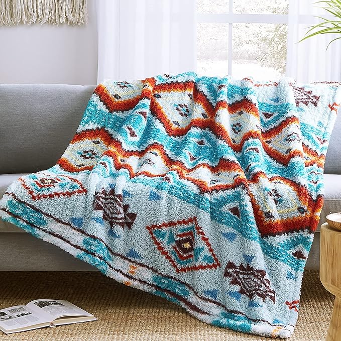 CASAAGUSTO Boho Sherpa Blanket,Teal Aztec Twin Blanket, Ultra Soft, Warm, Cozy, Plush, Thick Fleece Western Blanket for Couch, Bed, Sofa (Aqua 60 * 80 Inch)-Ruum Studio Home