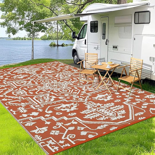 Outdoor Rug 9x12 Waterproof Reversible Plastic Straw Patio Rug, Stain-Resistant Vintage Medallion Carpet, Large Easy-Cleaning Indoor Outdoor RV Mat for Deck, Camping, Balcony, Terracotta Brick/White-Ruum Studio Home