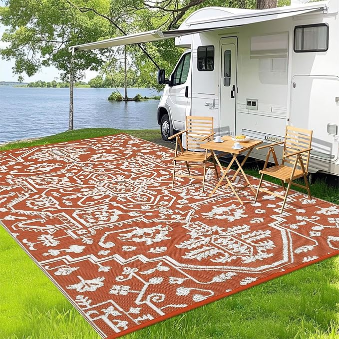 Waterproof Outdoor Rug 9x18 Reversible Plastic Straw Patio Rug, Stain-Resistant Vintage Medallion Carpet, Large Indoor Outdoor RV Mat for Deck, Camping, Balcony, Vintage Terracotta Brick/White-Ruum Studio Home