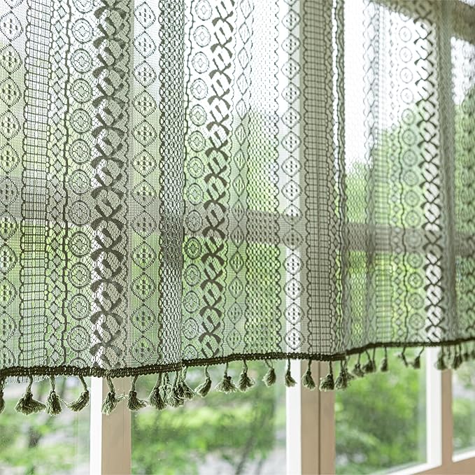 Sutuo Home Boho Valance Curtains for Kitchen Cafe,Crochet Lace Sheer Bohemian Hollow Knitted with Tassels, Privacy Vintage Rustic Farmhouse Drapes, Rod Pocket 1 Panel 59" W x 18" L, Olive Green-Ruum Studio Home