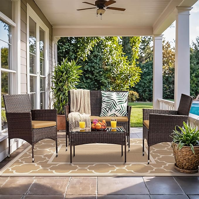 GENIMO 5' x 8' Outdoor Rug Waterproof for Patio Decor, Foldable Reversible Plastic Straw Area Rugs Mat for Camper, Outside Carpet for Rv, Deck, Porch, Picnic, Beach, Balcony, Brown & Beige-Ruum Studio Home