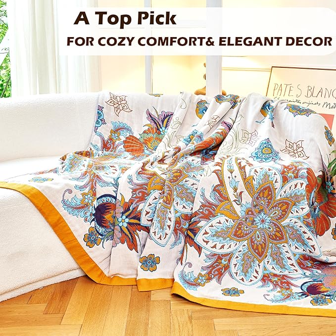 Boho Throw Blanket, 100% Organic Cotton Breathable Ultra Soft Bed Quilt Throw - All Season Floral Bird Butterfly Farmhouse Decor Blanket for Sofa Couch Chair and Gift. 60" x 80"-Ruum Studio Home