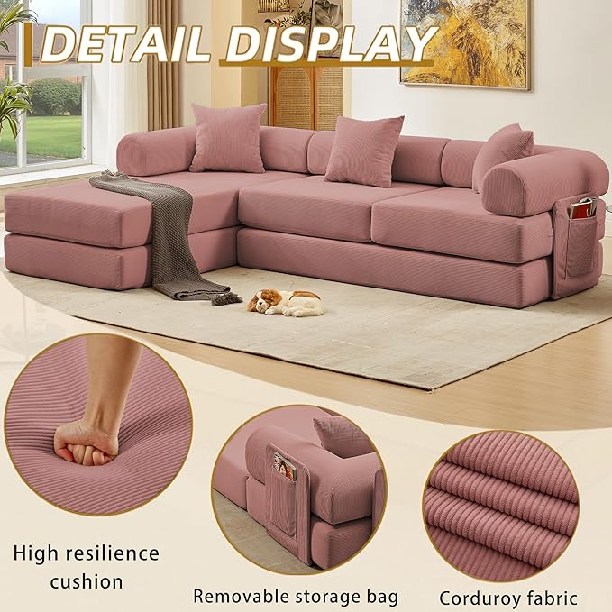 107" Oversized Convertible Sleeper Sofa Bed, Corduroy L Shape Sectional Couch, Folding Sofa Bed with Side Pocket, Modern Cloud Floor Mattress Couch, Modular Sofa for Living Room, Pink-Ruum Studio Home