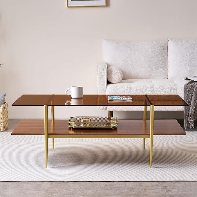 Extra Large Rectangle Glass Coffee Table, Mid-Century Modern Design for Living Room, L47 x W24 x H17, Amber Glass Top and Walnut MDF Shelf, Sleek Conical Metal Legs with Gold Finish-Ruum Studio Home