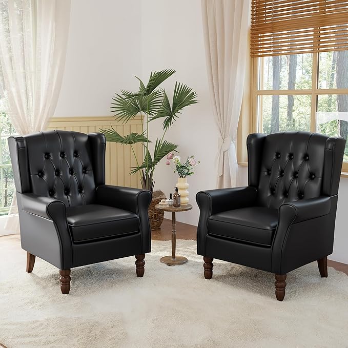 High Back Accent Chairs Set of 2,Upholstered Faux Leather Wingback Armchairs with Solid Wood Legs for Small Spaces,Comfy Single Sofa Chairs for Living Room,Bedroom-Carbon Black-Ruum Studio Home