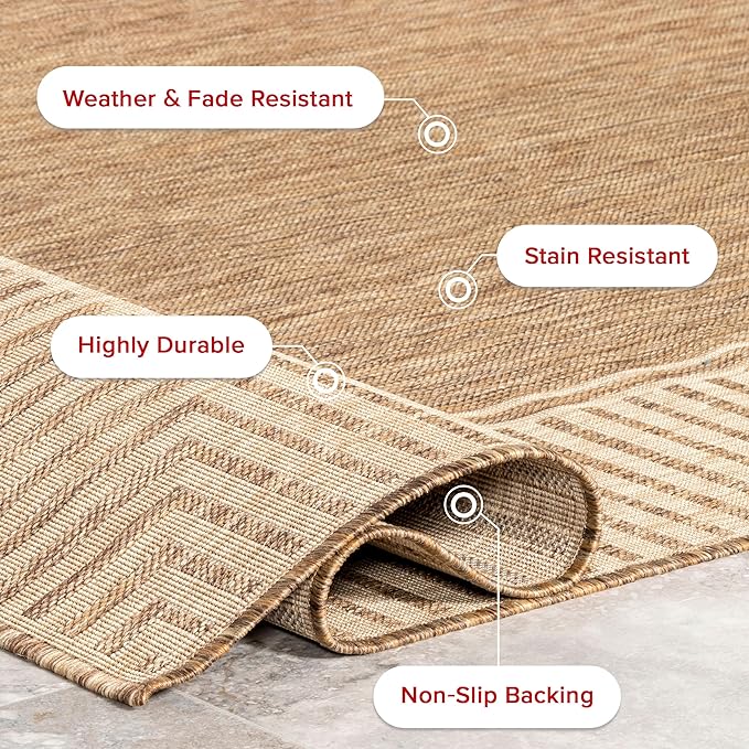 nuLOOM 4' x 6' Outdoor Area Rug, Casual Design With Striped Border, Stain Resistant, Highly Durable, For Patio, Balcony, Bedroom, Living Room, Dining Room, Bathroom, Light Brown-Ruum Studio Home