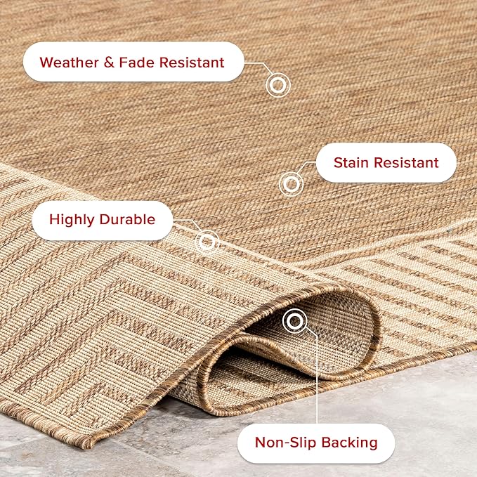 nuLOOM 8' x 10' Outdoor Area Rug, Casual Design With Striped Border, Stain Resistant, Highly Durable, For Patio, Balcony, Bedroom, Living Room, Dining Room, Bathroom, Light Brown-Ruum Studio Home