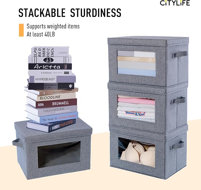 Citylife 3-Pack Collapsible Storage Bins with Lids, Linen Fabric Foldable Storage Boxes, Cube Closet Organization for Clothes, Blankets and Books, Gray-Ruum Studio Home