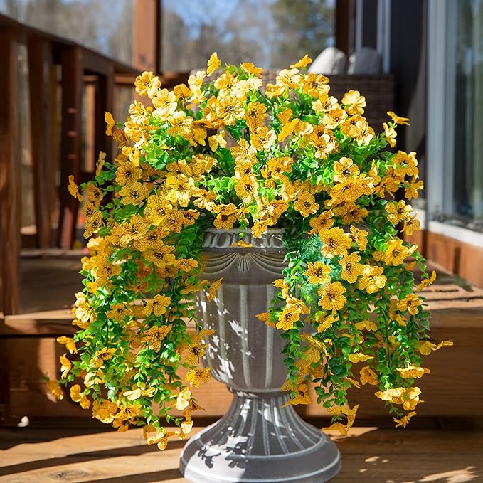 INSPRING Artificial Flowers Fall Faux Outdoor Outside Plants, 2 PCS Fake Silk UV Resistant Look Real Yellow Daisy Trailing Vines for Front Door Porch Planter Urn Patio Balcony Decoration-Ruum Studio Home