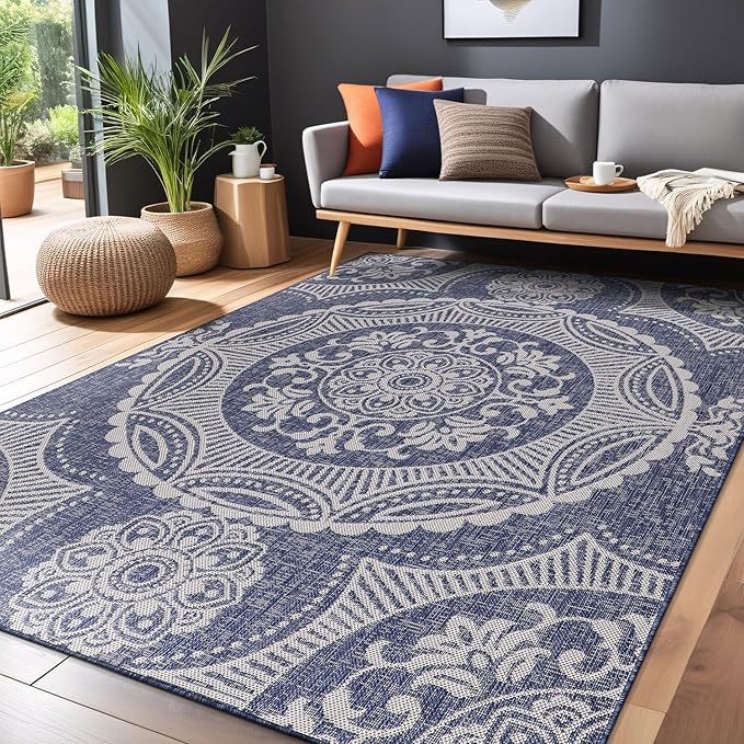Medallion Outdoor Rug 6x9 Washable Outside Carpet for Indoor Patio Porch Waterproof Easy Cleaning Non Shedding Area Rugs Blue 6 x 9-Ruum Studio Home