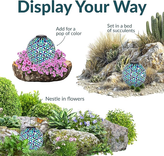 Sunnydaze 10 inch Solar Gazing Ball for Garden - Glass Outdoor Gazing Globe - Mosaic Cool Blooms-Ruum Studio Home