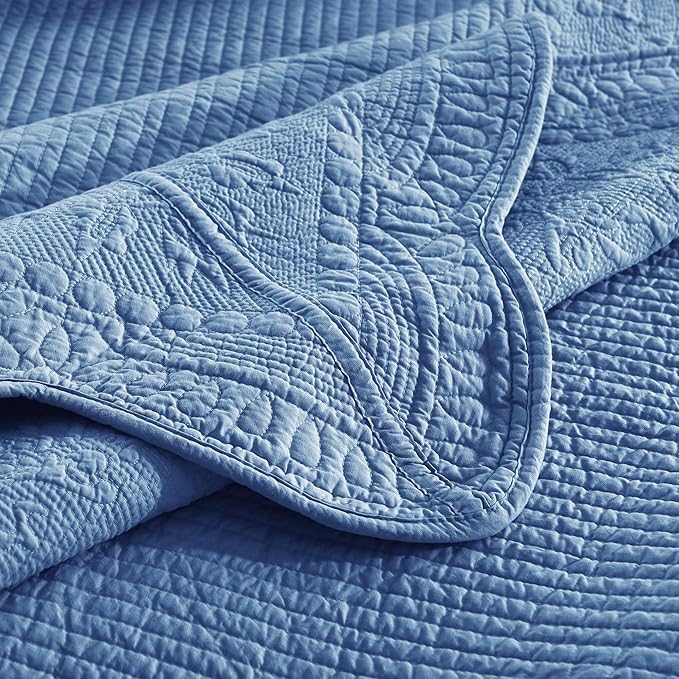 MarCielo 3-Piece 100% Cotton Oversized Bedspread Lightweight Quilt Coverlet Embroidery Farmhouse Bedding Set (TG Midtone Blue, Oversized Queen (100"x106"))-Ruum Studio Home