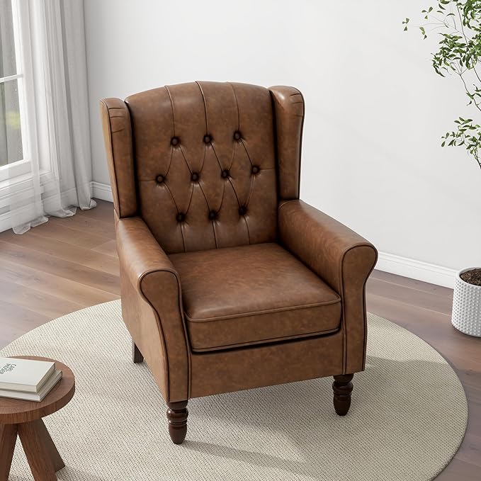 Accent Chair, Upholstered Armchair with Button Tufted High Back & Solid Wood Legs, Comfy Wingback Reading Single Sofa Chair for Small Spaces, Living Room, Bedroom (Leather Brown, Set of 1)-Ruum Studio Home