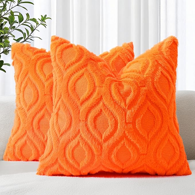 decorUhome Fall Throw Pillow Covers 22x22 Inch Set of 2, Soft Plush Decorative Faux Fur Orange Solid Couch Pillow Covers, Accent Farmhouse Neutral Square Euro Pillow Cases for Sofa Bed Living Room-Ruum Studio Home