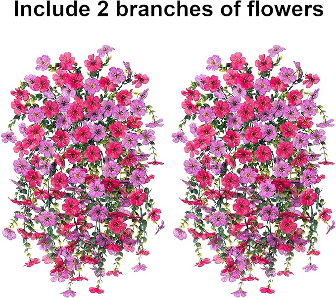 Artificial Faux Hanging Flowers Plants for Outdoor Decor, 2 PCS Outside Fake Silk Violets with Eucalyptus UV Resistant Realistic Daisy Trailing Vines for Planter Balcony Porch Patio Yard, Purplepink-Ruum Studio Home