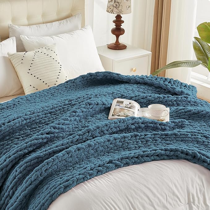 Carriediosa Chunky Knit Throw Blanket 60" X 80" Twin, 100% Hand Made Large Chenille Loop Yarn Soft Fluffy Throws for Couch Sofa Bed, Big Crochet Cozy Heavy Thick Cable Woven Blankets, Lyons Blue-Ruum Studio Home