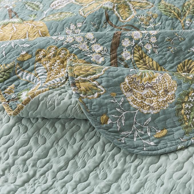 NEWLAKE Cotton Bedspread Quilt Sets-Reversible Patchwork Coverlet Set, Green Floral Pattern, King Size-Ruum Studio Home