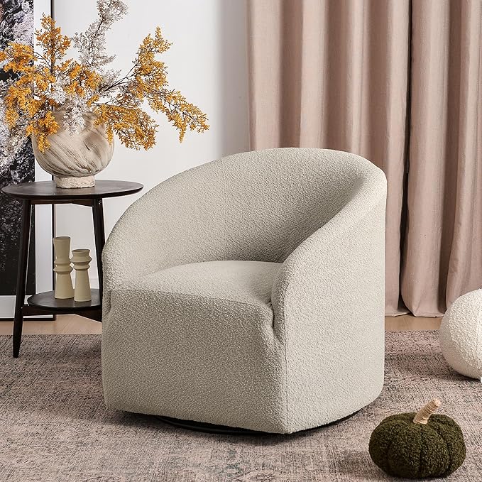 KINWELL 32" Wide Modern Boucle Swivel Barrel Chair, No Assembly Round Upholstered Swivel Accent Armchair for Living Room, Bedroom, Office (Oatmeal)-Ruum Studio Home