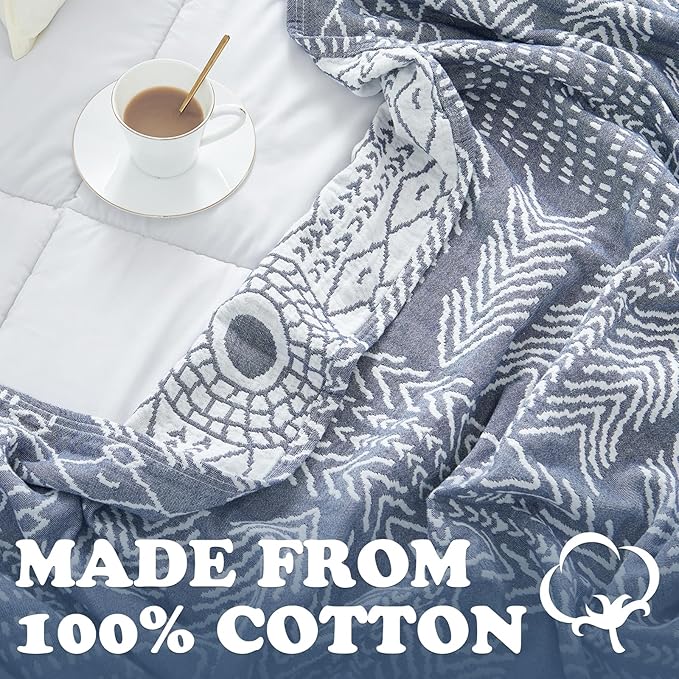 jinchan Boho 100% Cotton Muslin Blanket 3-Layer Queen Size 80x90 Inches Geometric Blue Lightweight Reversible Soft Cozy Comfy Throw for Couch Sofa Bed Coverlet Quilt Large Blanket Bedroom All Seasons-Ruum Studio Home