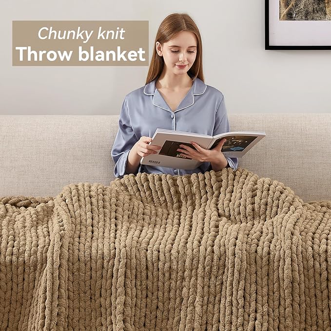 Chunky Knit Throw Blanket, 30''*40'' Knitted Throw Chenille Yarn for Bed Couch, Handmade Light Brown Crochet Big Thick Blanket, Machine Washable Cute Comfy Blanket for Home Decor-Ruum Studio Home