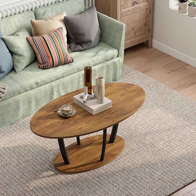 Manora Small Oval Coffee Table with Storage, Farmhouse Industrial Center Table for Living Room, Vintage Tea Table for Small Spaces, Rustic Brown-Ruum Studio Home