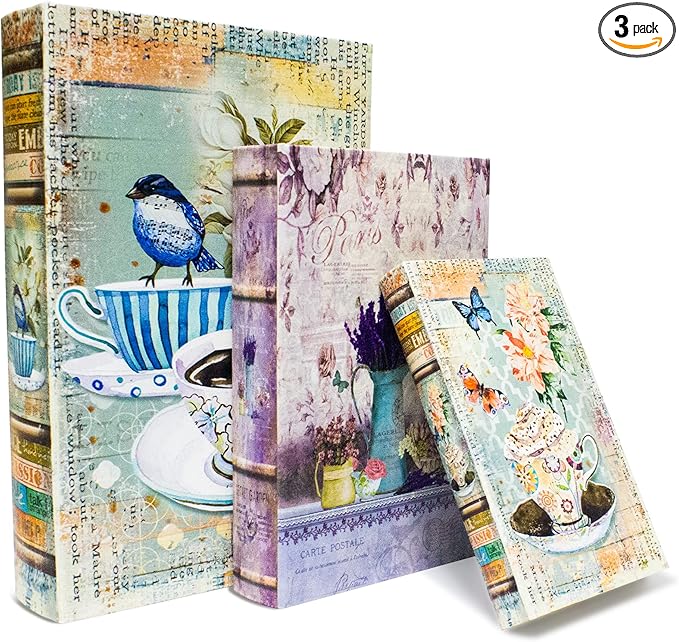 Decorative Book Box Set of 3, Trinket Keepsake Greeting Card Storage Box, Flower Bird Pattern Vintage Coffee Table Decoration, Graduation Gift Idea-Ruum Studio Home