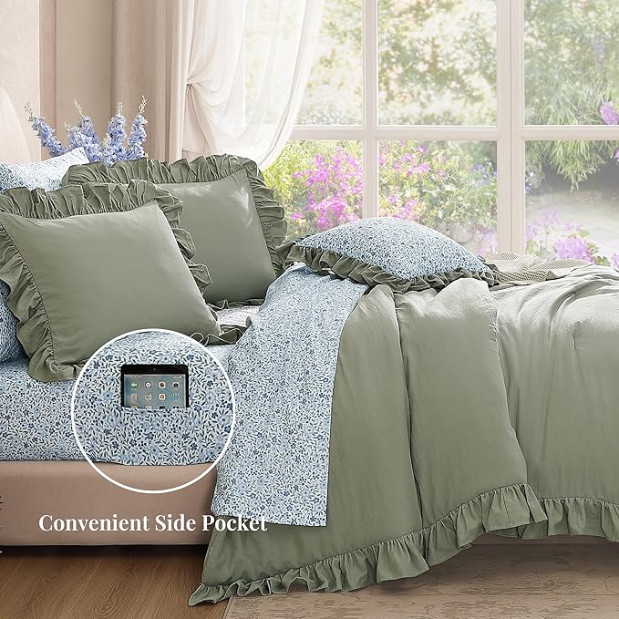 Queen Comforter Set - 7 Pieces Ruffle Sage Green Bedding Sets, Shabby Chic Farmhouse Bed in a Bag Queen with Ruffle Comforter, Floral Sheets, Pillowcases & Shams-Ruum Studio Home