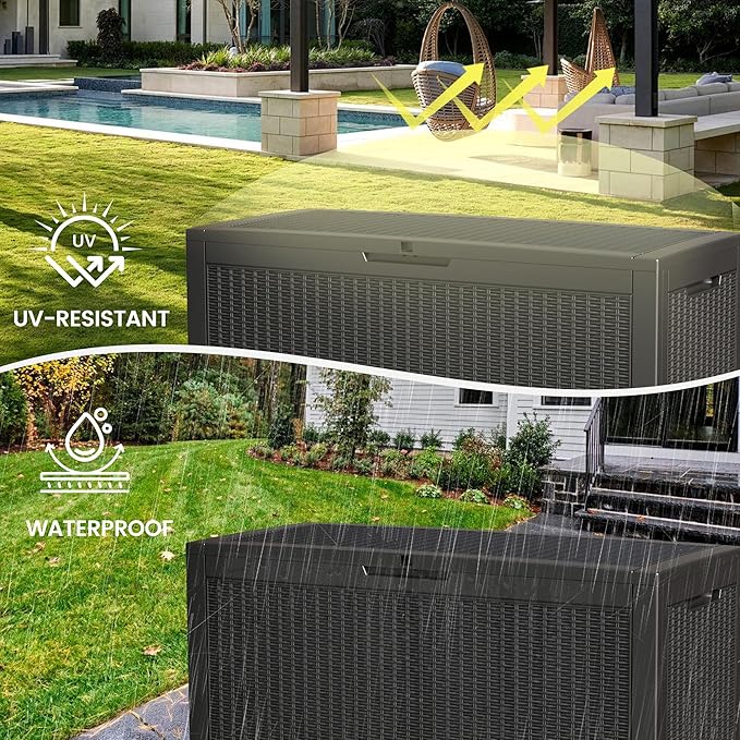 100 Gallon Storage Box, Waterproof Resin Deck Box with Hydraulic Piston Design, Lockable Storage Bench for Package Delivery, Storage Bin for Patio Cushions, Garden Tools, Black-Ruum Studio Home