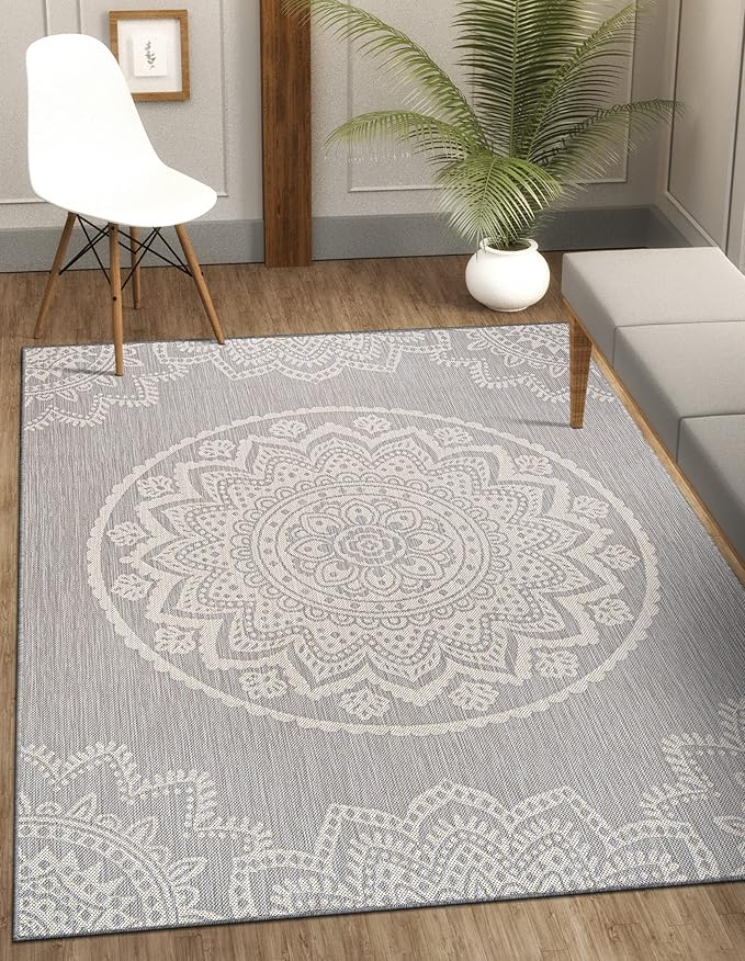 CAMILSON Outdoor Rug 6x9 Modern Area Rugs for Indoor and Outdoor Patios and Porches - Waterproof, Washable, Non-Shedding, Easy-to-Clean Outside Carpet (6 x 9, Medallion - Grey/White)-Ruum Studio Home