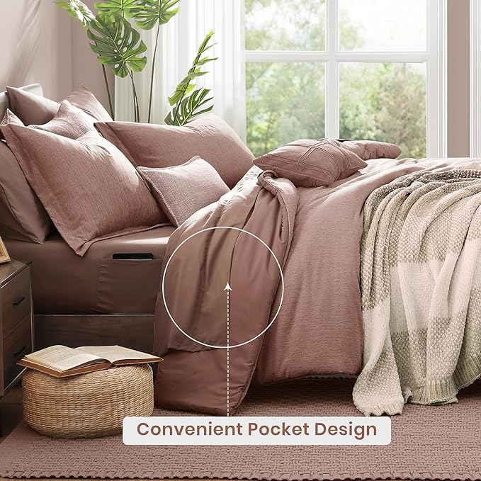 Monbix Queen Comforter Set - 7 Pieces Dusty Pink Cationic Dyeing Bed in a Bag Queen Bedding Sets with Sheets, Pillowcases & Shams, Reversible Bedding Comforters-Ruum Studio Home