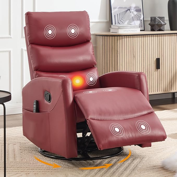 Manual Swivel Rocker Recliner Chair for Adults, Overstuffed Reclining Glider Chair for Nursing with Vibration Massage & Heat, Living Room Rocking Recliner 3-Stage backrest, Faux Leather Red-Ruum Studio Home