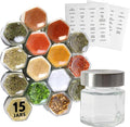 IMPRESA Hexagon Magnetic Spice Jars - 15 Pack 1.74 oz Glass Jars With Stainless Steel Lids - Airtight Magnetic Seasoning Containers & Space-Saving Honeycomb Fridge Magnets - 60 Preprinted Labels-Ruum Studio Home