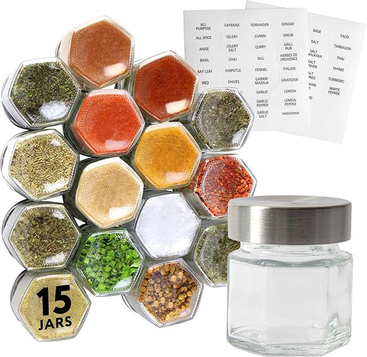 IMPRESA Hexagon Magnetic Spice Jars - 15 Pack 1.74 oz Glass Jars With Stainless Steel Lids - Airtight Magnetic Seasoning Containers & Space-Saving Honeycomb Fridge Magnets - 60 Preprinted Labels-Ruum Studio Home